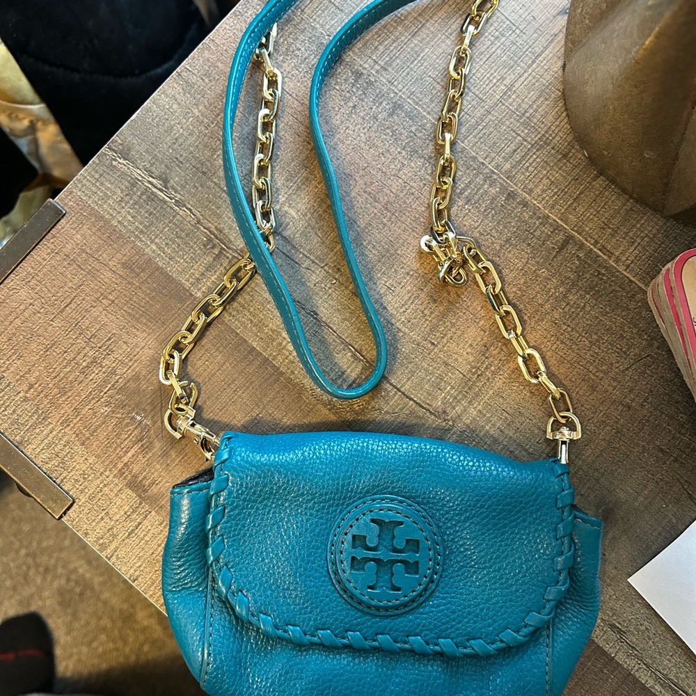 Tory Burch Blue Leather Crossbody Bag with Gold Chain